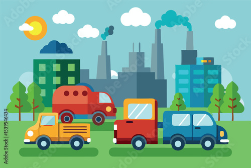 Colorful cityscape with vehicles and factory buildings during daytime with sun and clouds