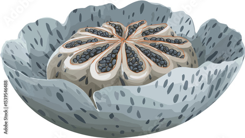A detailed close-up illustration of an opium poppy seed head. The image shows the central seed capsule with numerous small, dark seeds visible within its compartments. 