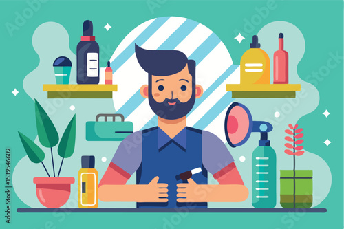 Barber working with grooming products in a modern salon environment with plants and tools around