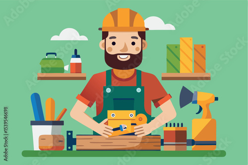 Carpenter working with tools in a workshop environment with organized shelves and various supplies