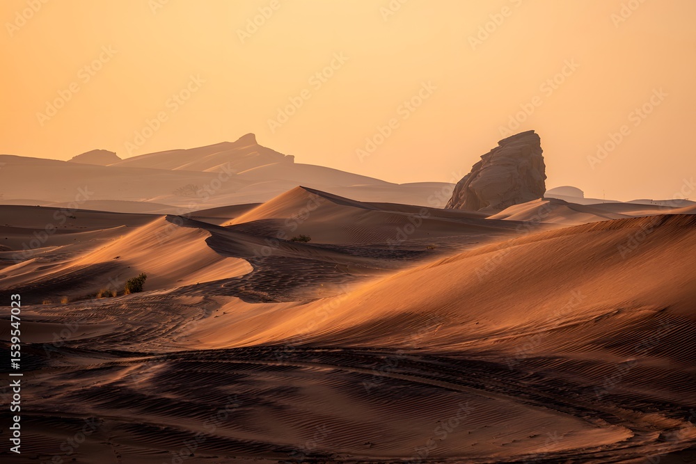 Golden hour desert landscape with sand dunes and rock formations Golden hour desert landscape with sand dunes and rock formations