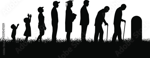 Silhouette of human life cycle stages from childhood to old age death