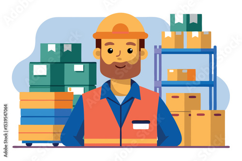 Warehouse worker smiling in an organized storage area during daylight hours