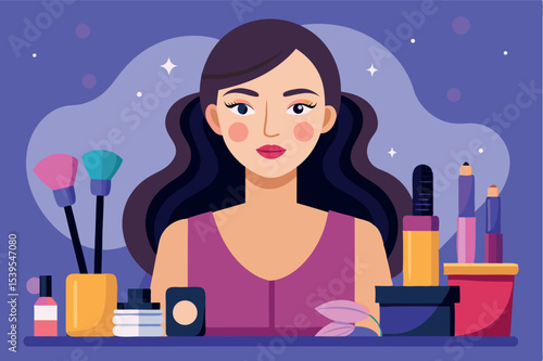 Creative makeup artist showcasing skills with various cosmetics arranged on a colorful table during a vibrant session