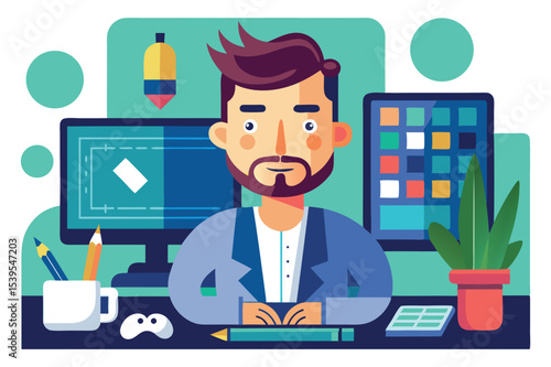 Designer works at a desk surrounded by digital tools, plants, and stationery during a creative session in a modern workspace