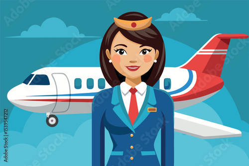 Flight attendant welcomes travelers at an airport jet with a friendly smile and professional attire