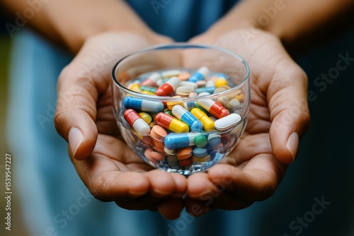 Wallpaper Mural Healthcare Harmony: Close-Up Hands Holding Medication and Water Glass for Optimal Wellness, Pharmaceutical Treatment and mental health treatment., Generative AI Torontodigital.ca