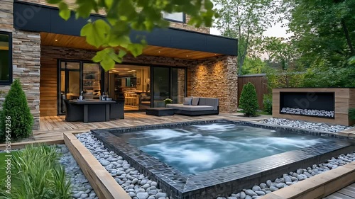 Contemporary Home with Modern Design and Hot Tub in Backyard with Stone Exterior Architecture Featuring Outdoor Living Space and Garden Landscape