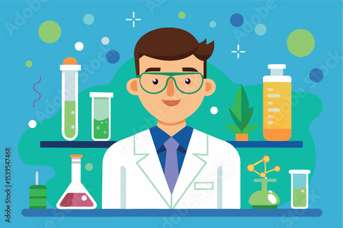 Scientist conducting experiments in a colorful laboratory filled with various glassware and plants