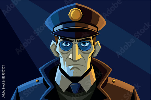 Character illustration of a serious police officer in a dark setting with dramatic lighting and bold colors