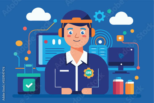 Friendly IT technician at a modern workspace with multiple computers and virtual tools