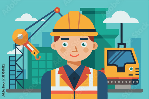 Construction worker wearing safety gear at a worksite with machinery and cranes in the background during daytime