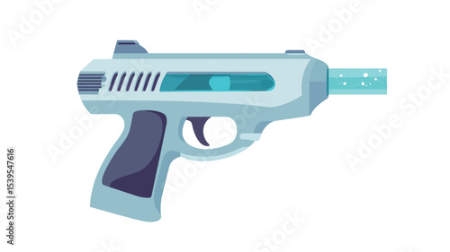 A digital illustration of a futuristic laser pistol. The pistol is primarily light gray/silver with dark gray/blue accents. The barrel emits a bright blue energy beam.  The style is cartoonish 