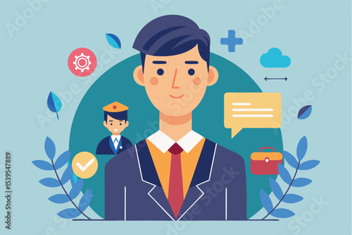 Professional man in suit with icons representing various professions and tools in a digital setting