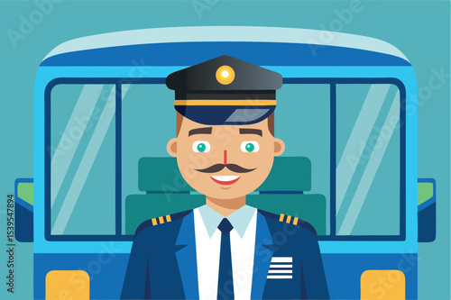 Bus driver smiles in uniform standing in front of blue bus during daytime