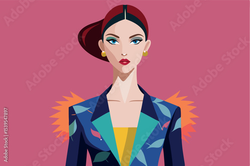 Fashion illustration of a woman in a colorful blazer against a vibrant pink background showcasing contemporary style