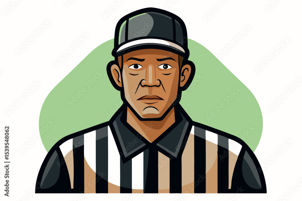 Fototapeta premium Referee wearing black and white uniform on green background during sports officiating process