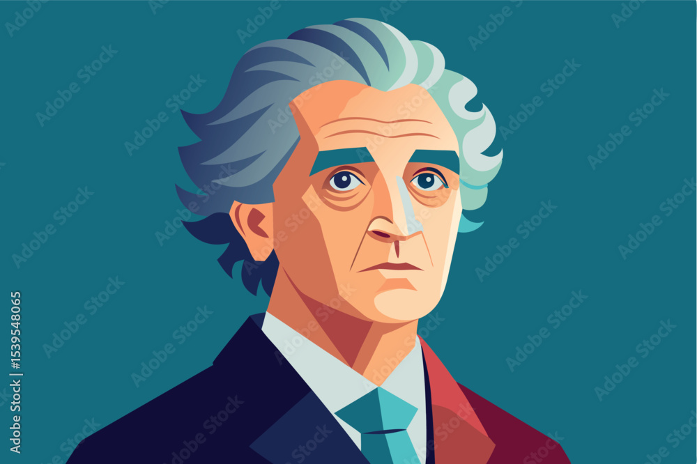 Portrait of a distinguished man with gray hair and thoughtful expression on a solid blue background Portrait of a distinguished man with gray hair and thoughtful expression on a solid blue background
