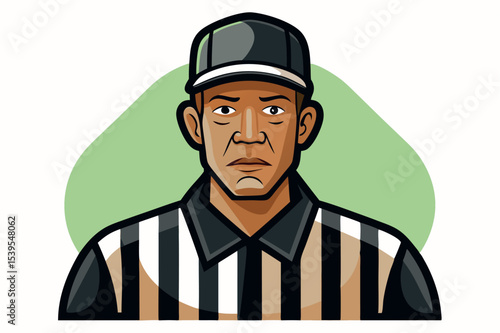 Referee wearing black and white uniform on green background during sports officiating process