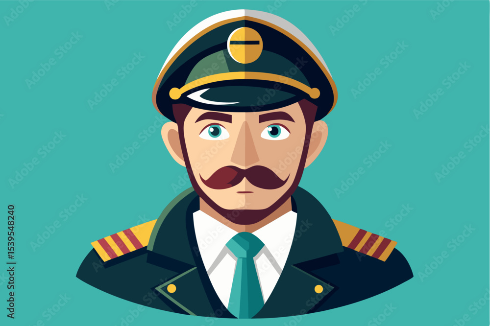 Portrait of a confident captain displaying pride in nautical attire and smiling at the viewer against a turquoise background Portrait of a confident captain displaying pride in nautical attire and smiling at the viewer against a turquoise background