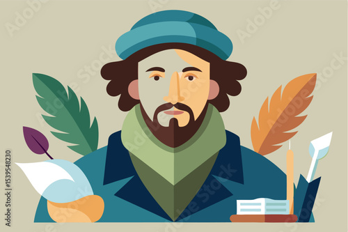 Creative artist portrait featuring warm colors, foliage, and artistic tools in a minimalist style