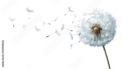 A close-up, macro shot of a dandelion seed head against a pure white background.  The majority of the seed head is intact, showing a spherical puff of white, fluffy seeds.  Many individual seeds