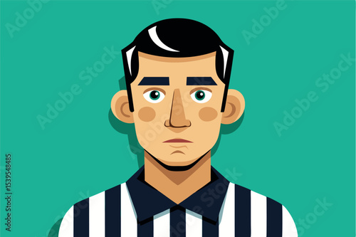 Referee with striped uniform displays serious expression against a vibrant background during a sports event