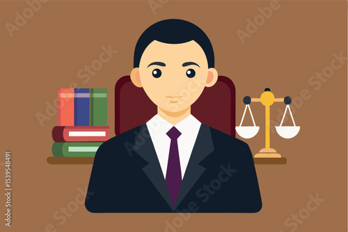 Professional lawyer in office setting with legal books and scales of justice in background during a workday