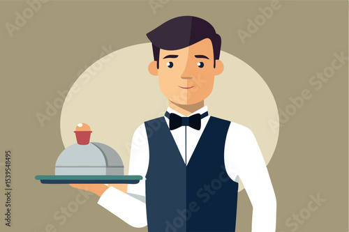 Waiter serving dessert with a smile in an upscale dining environment during a fine dining experience