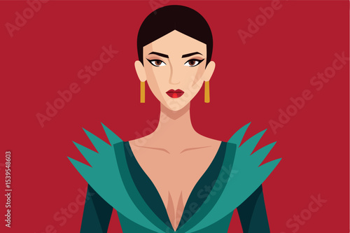 Stunning illustration of a confident woman in a vibrant costume with bold features against a red background