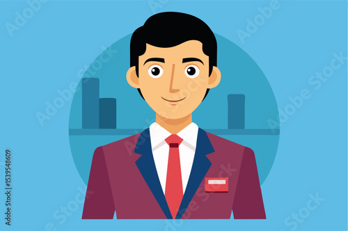 Professional male character in suit with friendly expression set against a blue background