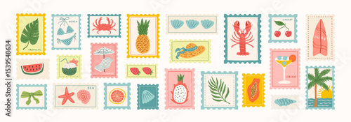 Set of tropical summer postage stamp. Vintage beach vacation stickers. Hand drawn palm tree, lobster, seashell, umbrella, cherry, cocktail, surfboard, fruits. Vector trendy illustration.