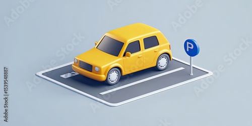 Isometric view of a yellow car parked in a parking space