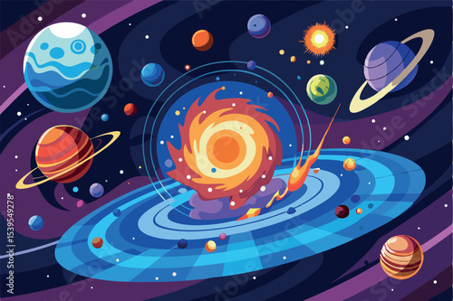 Colorful illustration of solar system with planets and sun in cosmic space environment