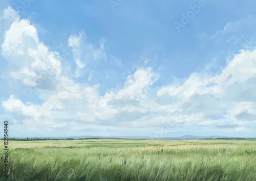 Wide, painted landscape of a vast grassy field under a partly cloudy sky