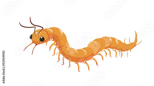 A digital illustration of an orange centipede against a white background. The centipede is depicted in a slightly cartoonish style, with exaggerated features, but maintains realistic anatomical