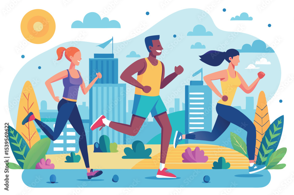 Fototapeta premium Runners enjoying a vibrant city park on a sunny day with lush greenery and modern skyline backdrop
