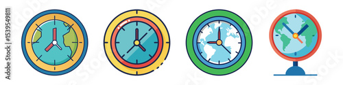 Time Zone Clock Flat Style World Time Vector Illustration