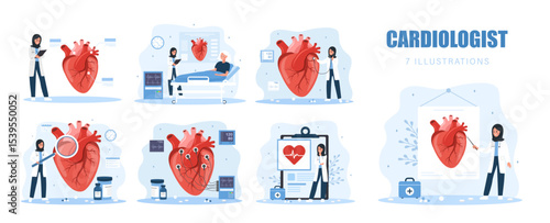 Cardiologist collection. Heart health. Islamic Female doctors examines internal organs. Set of Vector illustrations in flat cartoon style.