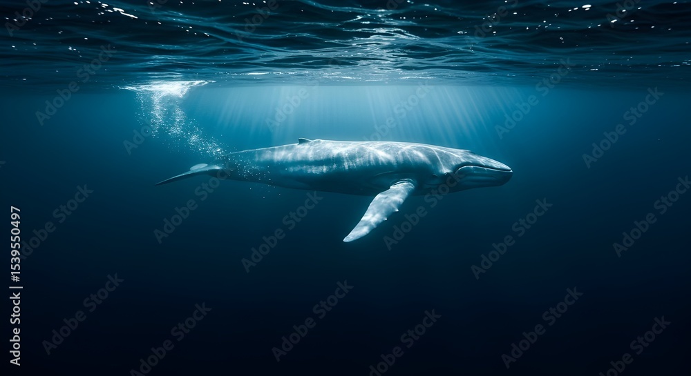 Fototapeta premium Blue whale swimming deep underwater