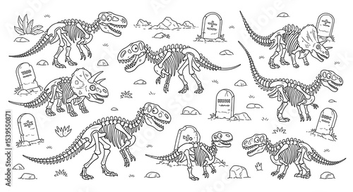 Dinosaur skeletons coloring page for kids, prehistoric animals bones vector illustration on transparent background