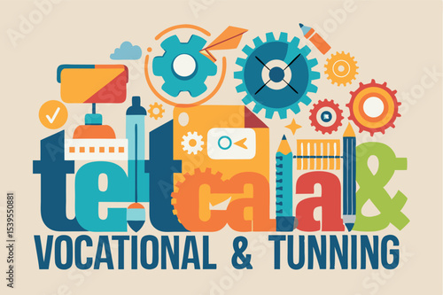 Vocational and tuning graphic design featuring gears, tools, and educational elements in a vibrant conceptual layout