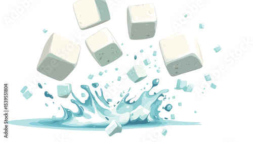The image is a digital illustration depicting several off-white cubic shapes falling into a body of water.  The cubes appear to be in mid-air, with a significant splash of water emanating from the