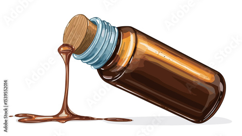 Digital illustration of an amber-colored viscous liquid pouring from a small, tilted, amber glass bottle with a wooden cork. The liquid has a glossy and smooth appearance, creating a noticeable