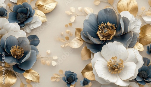Floral arrangement, paper flowers, gold accents, cream background