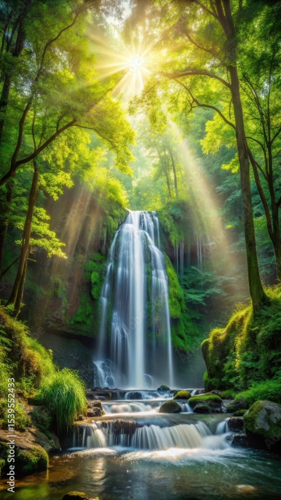 Fototapeta premium Waterfall amidst dense forest with sunlight filtering through canopy