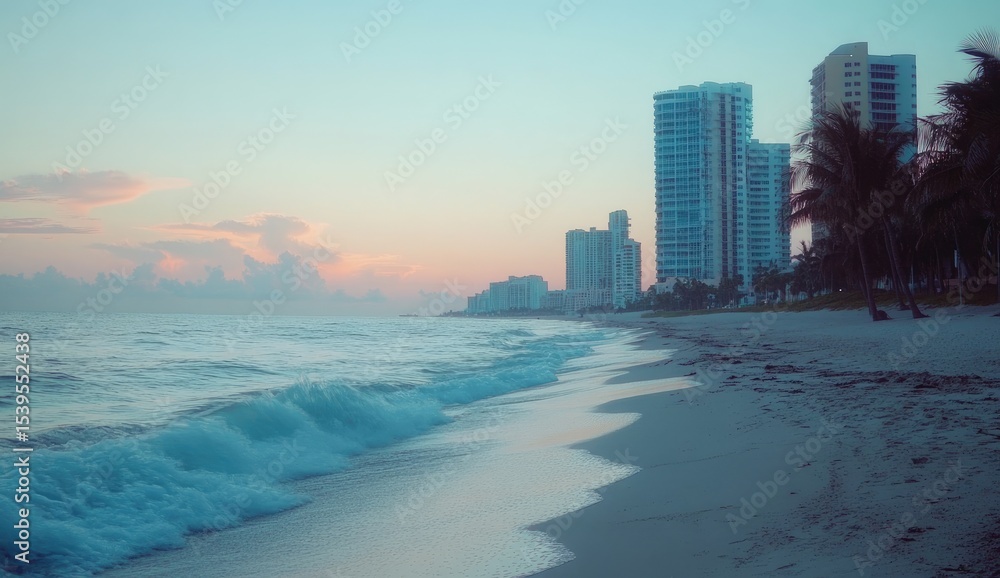 Naklejka premium Soft sunrise over beach and high-rise buildings