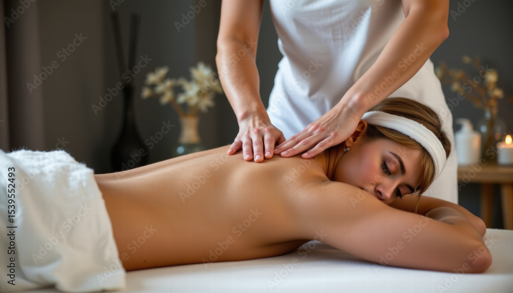 Fototapeta premium Relaxing massage session is depicted, showcasing therapist providing soothing back massage to client tranquil spa environment. atmosphere is calm and serene, enhancing overall experience