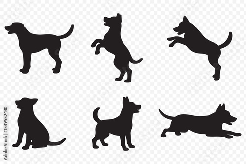dogs in various poses on  white background.  Group of dogs various poses vector silhouettes collection. 