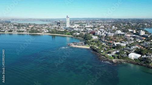 Drone Flight Over Water Approaching Takapuna Beach and Coastline, New Zealand